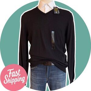 PIOMBO Mens Sweater XXL Extra Fine 100% Merino Wool V Neck Sweater BLACK